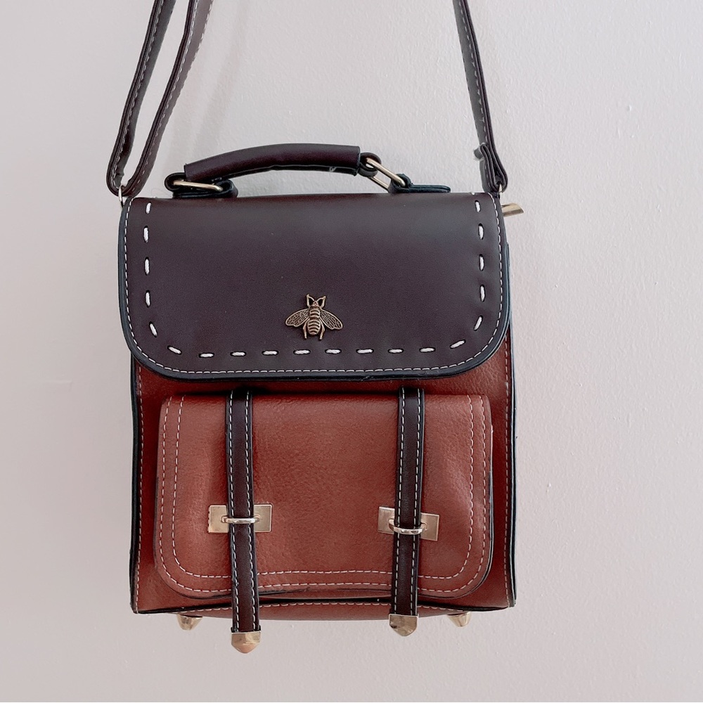 small faux leather convertible backpack/crossbody/shoulder bag with bee design